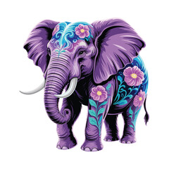 Obraz premium Full body purple elephant adorned with elaborate floral patterns and swirls. Ornate animal illustration ideal for T-shirt Design and decorative prints.