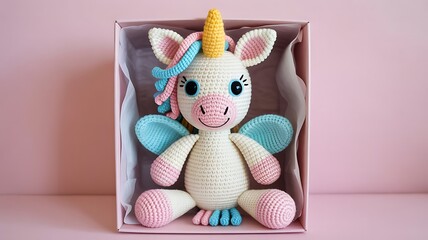 Handmade crochet unicorn toy in gift box on pink background