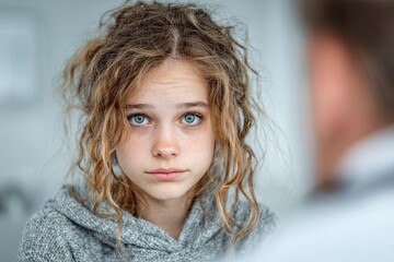 The girl feels depressed, unhappy and hopeless, needs help. At the doctor's appointment. View from the doctor's back. White background