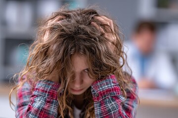 The girl feels depressed, unhappy and hopeless, needs help. At the doctor's appointment. View from the doctor's back. White background