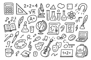Naklejka premium Hand-drawn Doodle Style Vector Set of School Art Room and Painting Supplies, Black Outline Sketch Illustrations, Ideal for Both Digital and Print Use 