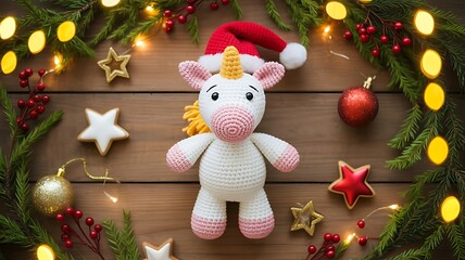 Cute crocheted unicorn wearing a santa hat surrounded by christmas decorations