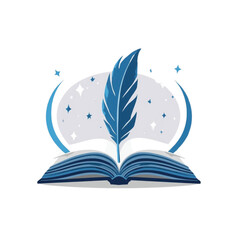 Open book with blue feather quill and stars writing