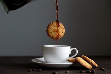 Coffee pouring onto cookie dunked in white cup