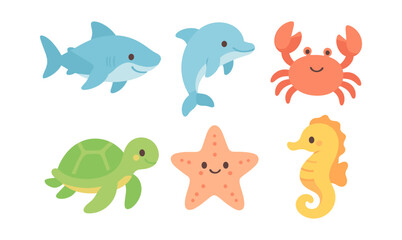 Fototapeta premium Colorful marine animals set in cute cartoon style: shark, dolphin, crab, turtle, starfish, seahorse