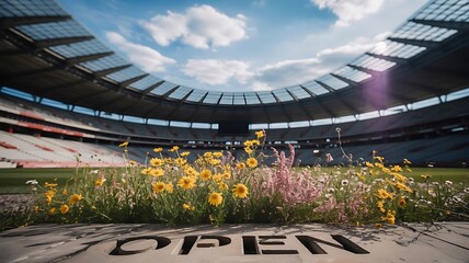 Sunflowers bloom in a stadium with the word open on the ground