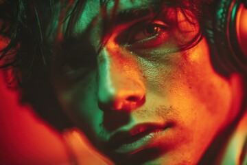 portrait of a man with green and red lights and listen music with headphones 
