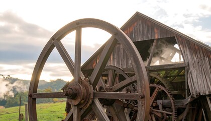 Fototapeta premium Wooden Wheel Structure Against a Cloudy Sky with Green Field Background