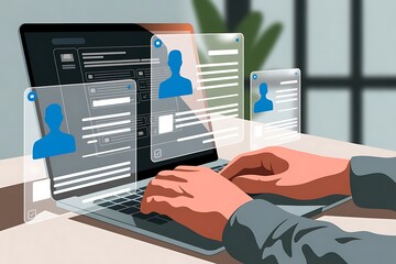 Hands typing on laptop with digital profiles and resumes on screen