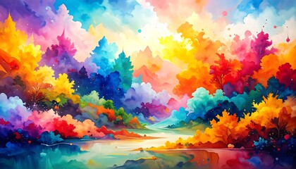 Colorful Abstract Landscape Watercolor Painting with vibrant colors and dreamy effect