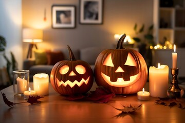 Two carved halloween pumpkins glowing with candlelight on a wooden table