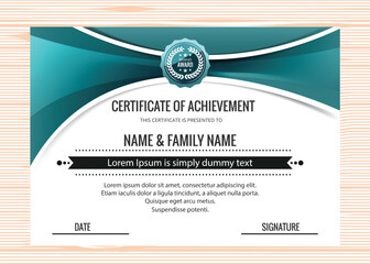 Elegant certificate of achievement with teal and white design and emblem