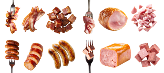 Collection of 4 set processed meat, frankfurter wiener bratwurst sausage, bacon salt-cured pork, Parma ham Prosciutto, Spam luncheon meat, fork diced cube slice whole, transparent cutout PNG. Mockup