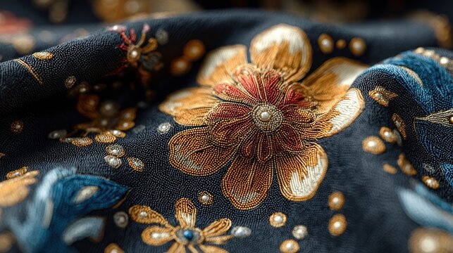 Intricate beaded floral design on fabric displaying artisanal craftsmanship