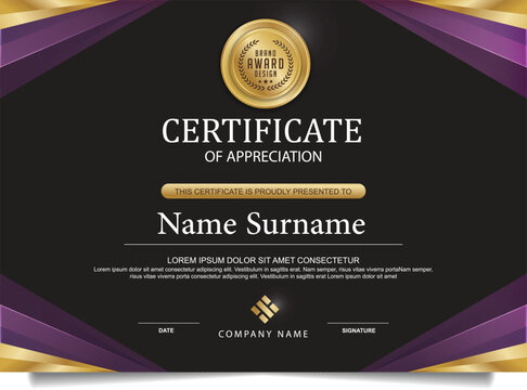 Elegant black and purple certificate of achievement with gold seal and decorative border