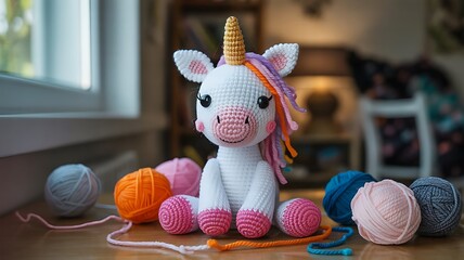 Cute handmade crochet unicorn toy surrounded by colorful yarn balls