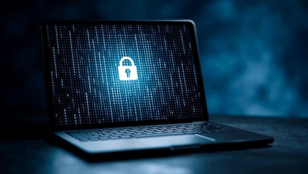 Laptop with digital lock symbolizing data protection, binary code background representing cybersecurity, blue technological environment highlighting digital safety.