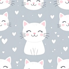 Cute cartoon cats smiling with pink cheeks and small hearts