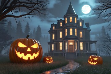 Spooky halloween haunted mansion with jack o lanterns under a full moon