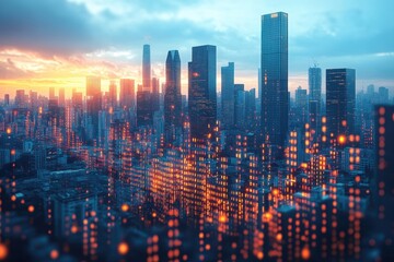 Obraz premium A vibrant city skyline at sunset with glowing windows and skyscrapers in the foreground