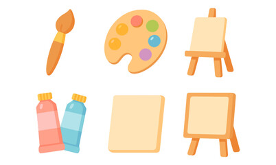 Colorful art tools: paintbrush, palette, canvases, and easels for creative projects