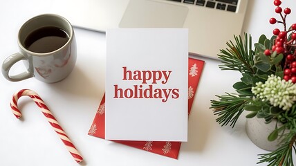 Cozy holiday greeting card and coffee on a desk with festive decorations