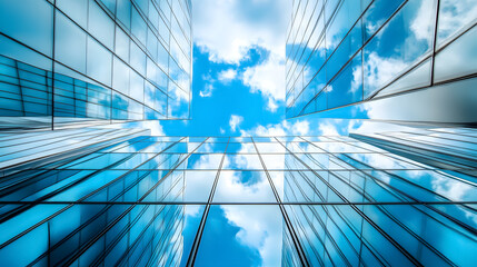 A modern office building with blue sky reflections on its glass facade, symbolizing economic activity and financial growth, captured from a bottom-up perspective in a blurred image.