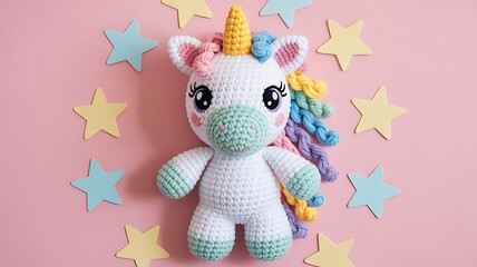 Cute crocheted unicorn toy with rainbow mane surrounded by star shapes