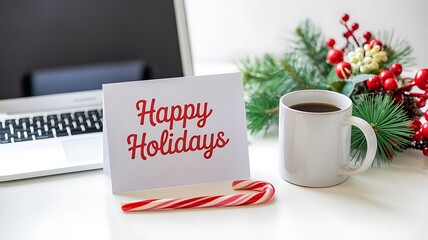 Happy holidays card with coffee and candy cane on desk next to laptop