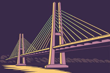 Obraz premium Tilikum Crossing in Portland, Oregon, cable-stayed pedestrian and transit bridge glowing with colorful night lights