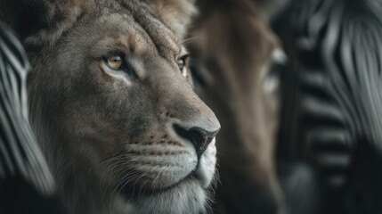 Intimate portrait of a Lion with focused gaze surrounded by animals hide