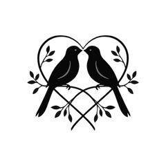 Two black birds facing each other on a branch within a heart shape