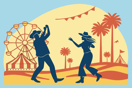 Stagecoach Festival in Indio, California, country music fans in cowboy hats dancing under desert sun