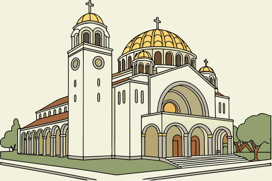 St. Sophia Cathedral in Los Angeles, California, Byzantine dome with golden mosaics and arched entrance
