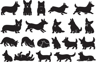 Diverse corgi dog silhouettes collection various poses and actions for design projects
