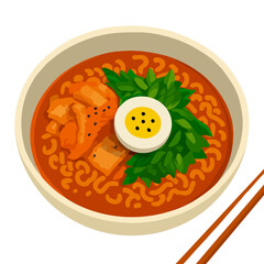 Spicy Korean Instant Noodles (Ramyun/Ramyeon) with Kimchi, Egg, and Vegetables