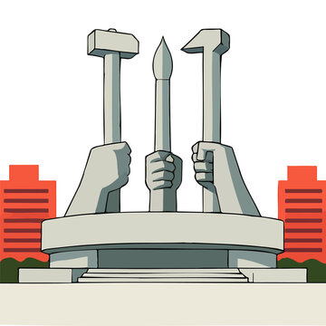 North Korean Worker's Party Emblem with Hammer, Sickle/Pick, and Writing Brush over City Skyline