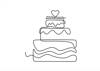 Single-line drawing of a tiered wedding cake topped with a heart. line icon-continuous line drawing. Editable stroke. 
