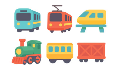 Colorful flat style train set with modern and vintage designs