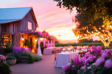 Warm Rustic Barn Wedding Venue Outdoors During Sunset