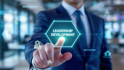 Person Touching Glowing Hexagon with Leadership Development and Motivational Concepts