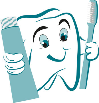 dentist logo, a tooth with a mouth and eyes and in his hands a toothbrush and a tube