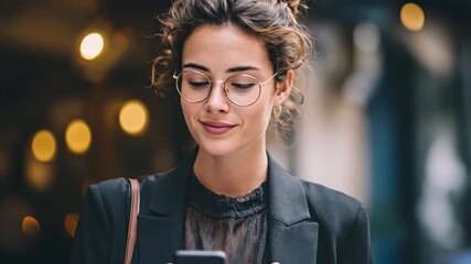 Confident young businesswoman in formal suit scrolling on smartphone in business district, representing digital lifestyle and communication. - Powered by Adobe