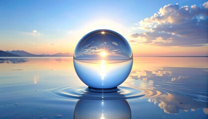 Crystal ball reflecting sunset over calm water and mirroring clouds