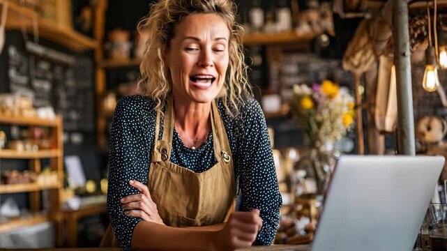 Middle-aged woman working in her cozy handmade craft shop, smiling and explaining something while sitting with her laptop.