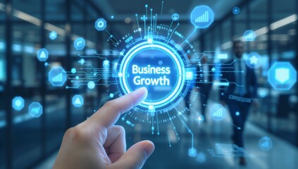 Person Touching Glowing Business Growth Icon on Digital Interface in Modern Office Environment