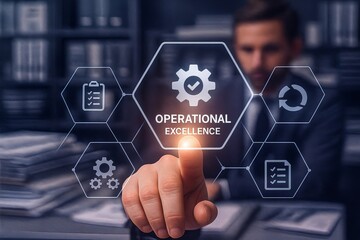Businessman Touching Operational Excellence Button with Gear Icons in Modern Office Background