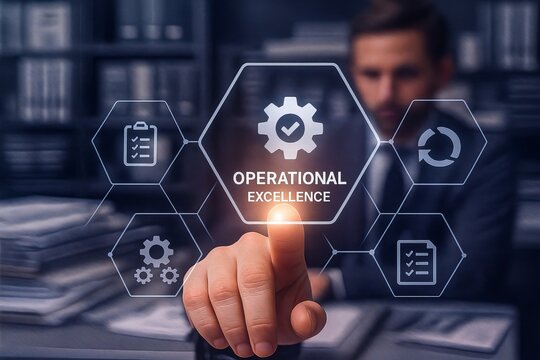 Businessman Touching Operational Excellence Button with Gear Icons in Modern Office Background
