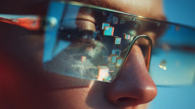 Close-up of a Futuristic Individual Wearing Reflective Glasses with Vibrant Digital Patterns, Highlighting the Intriguing Blend of Technology and Human Expression in a Modern Context