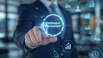 Business Professional Touching Digital Screen with Continuous Improvement Visualization Concept